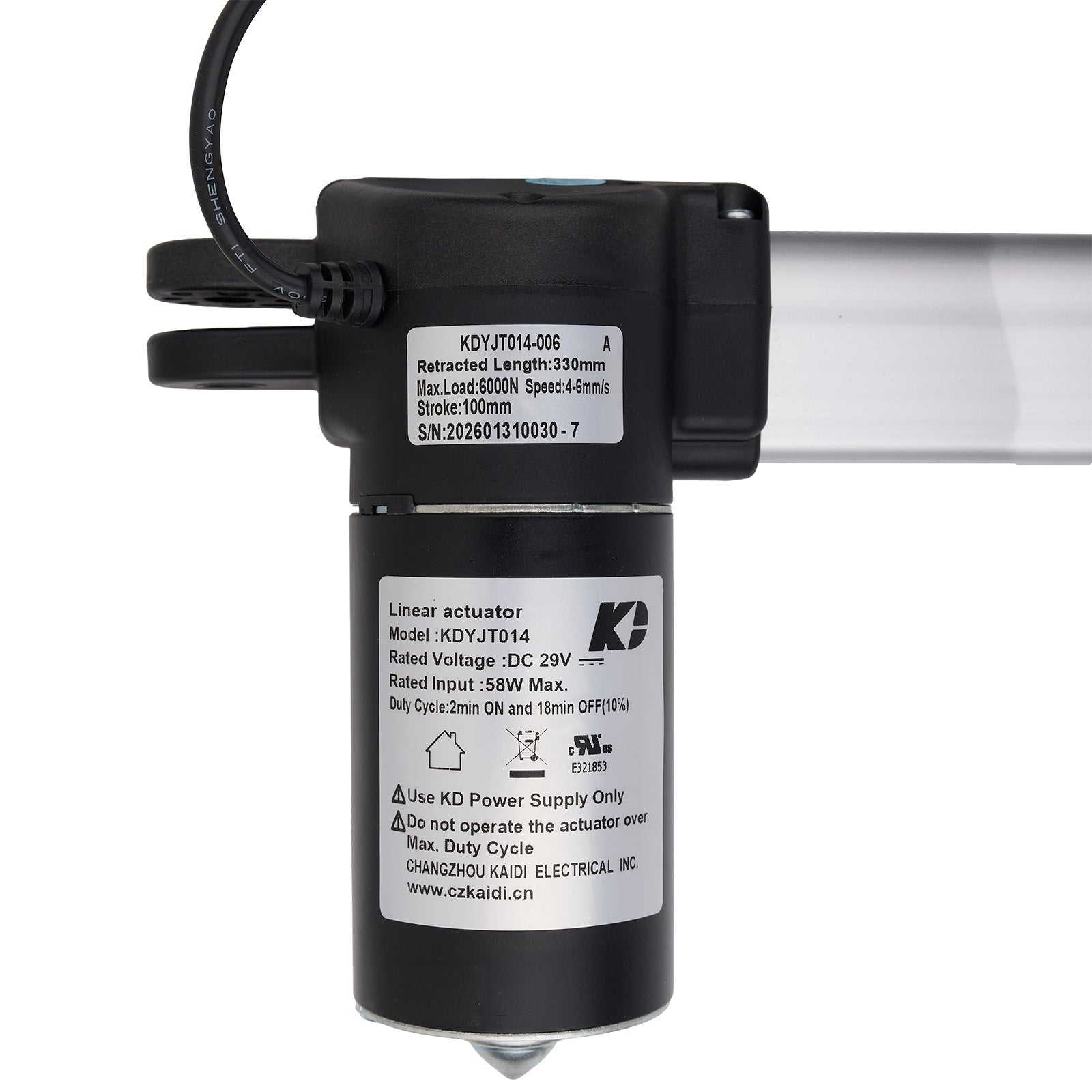 Black linear actuator with visible branding and specifications on a white background