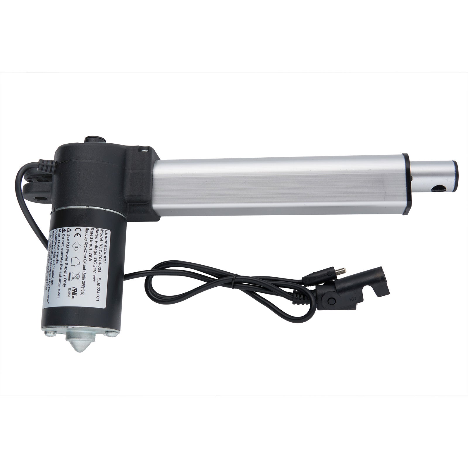 A black linear actuator with a silver cylinder, connected to two cables with plugs.