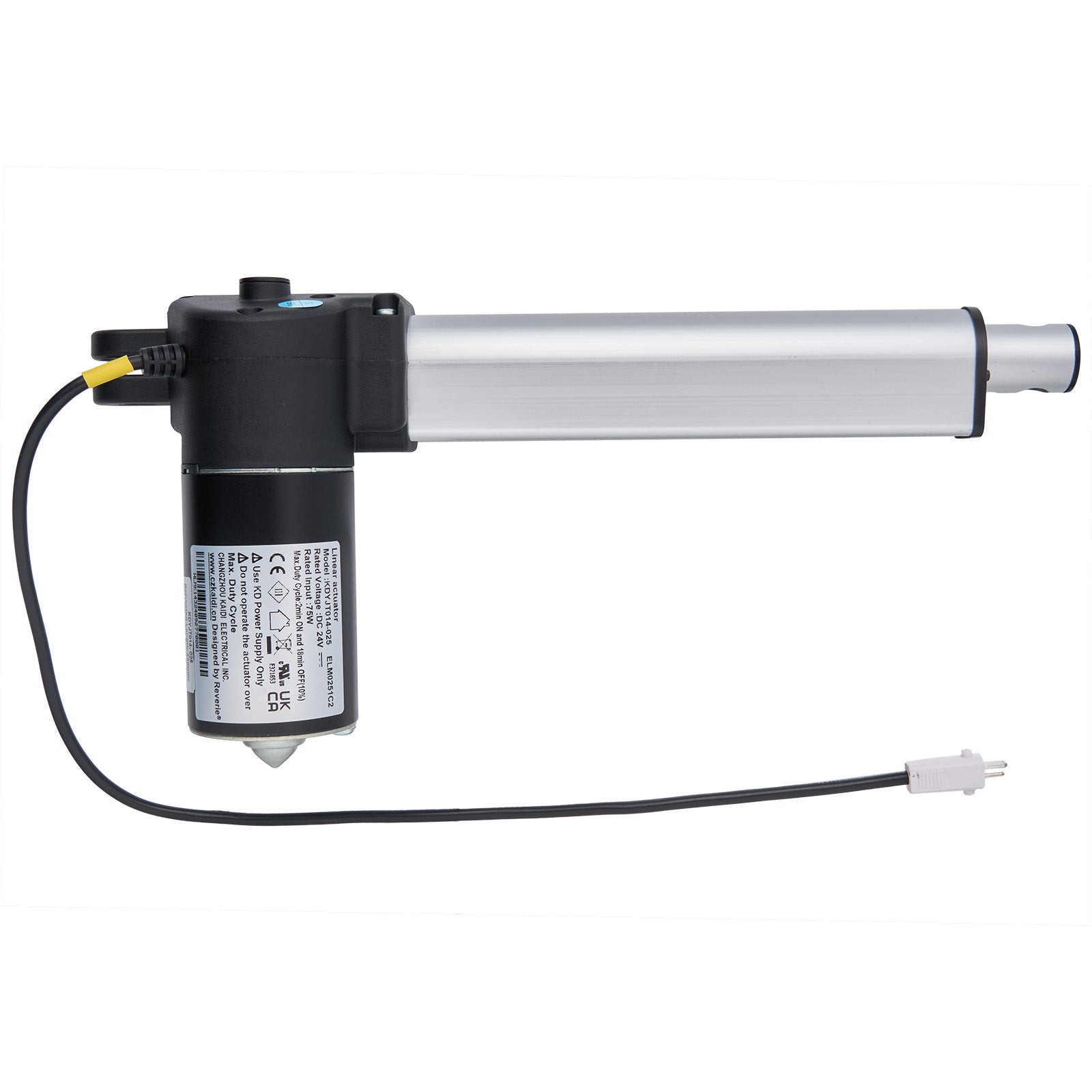 A linear actuator consisting of a black motor housing, a silver cylinder, and a connected cable with a two-pin plug.