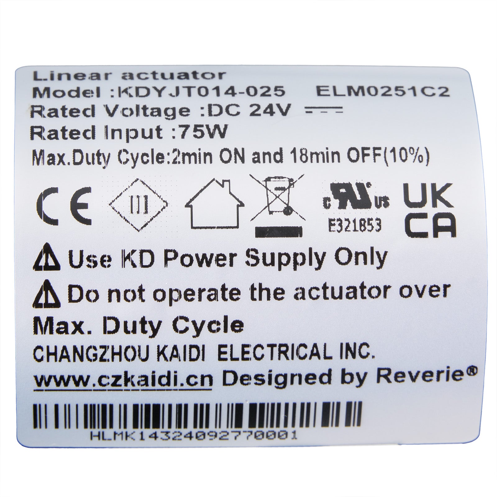 KAIDI KDYJT014-025 ELM0251C2 Linear Actuator for Adjustable Bed