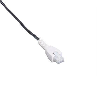 White electrical plug with black cord on a white background