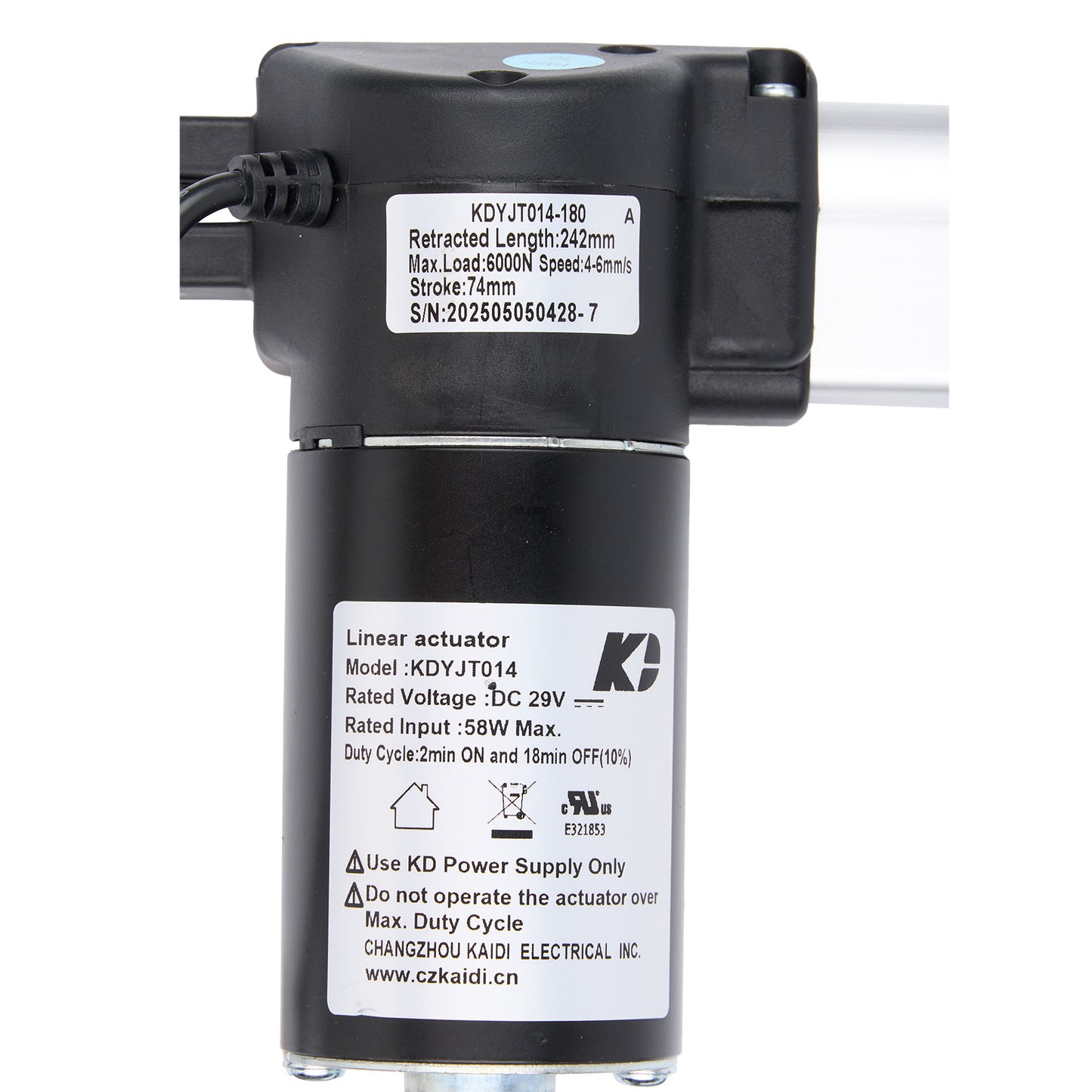 Linear actuator with specifications on a white background