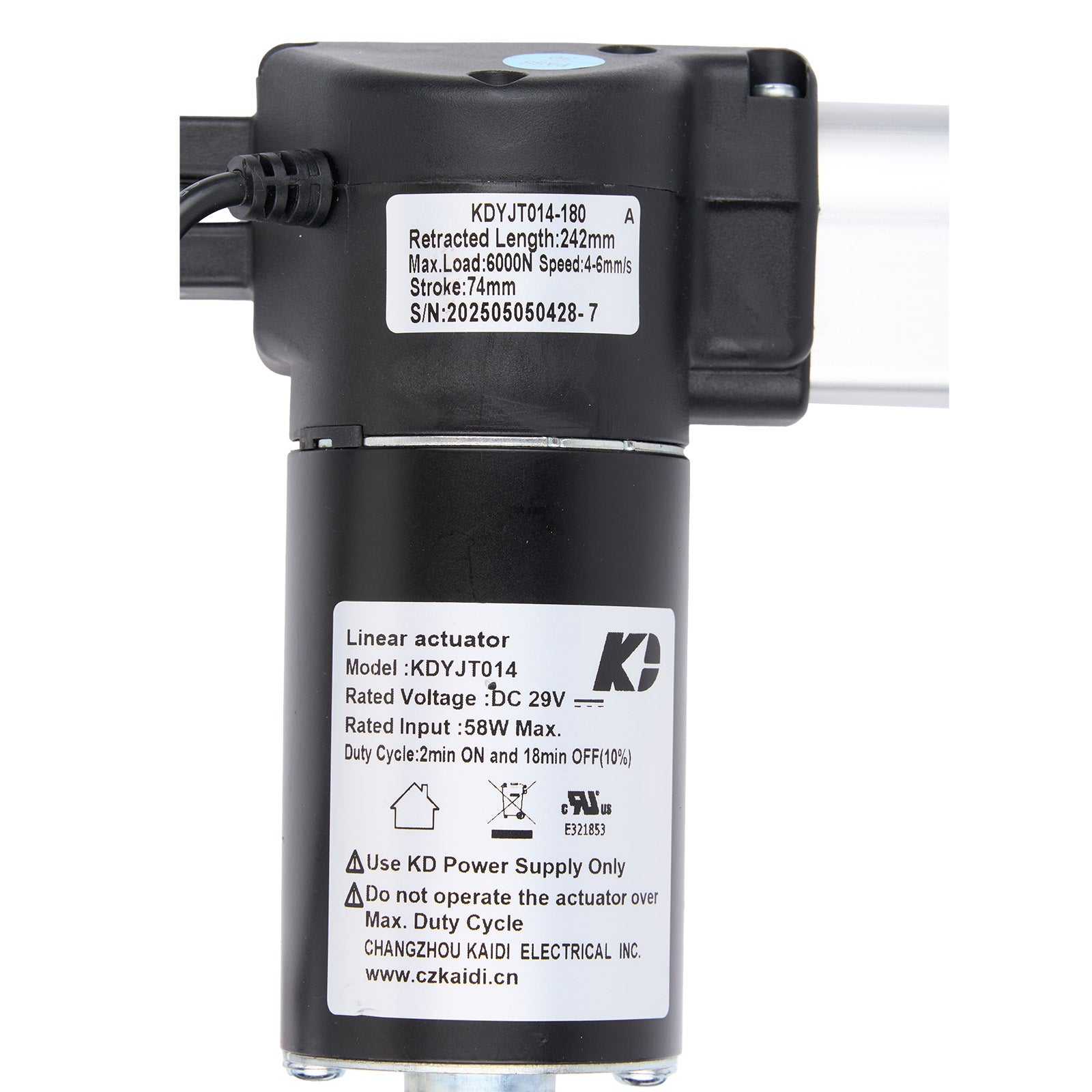 Linear actuator with specifications on a white background