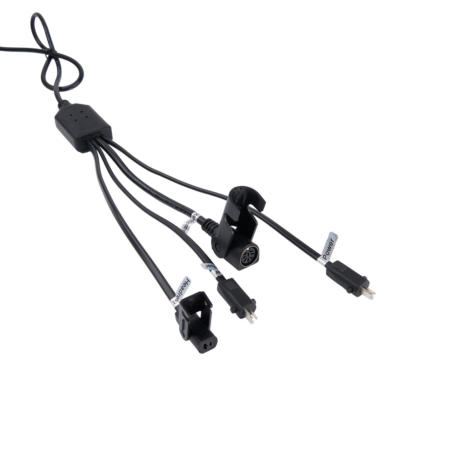 Black multi-connector cable on a white background