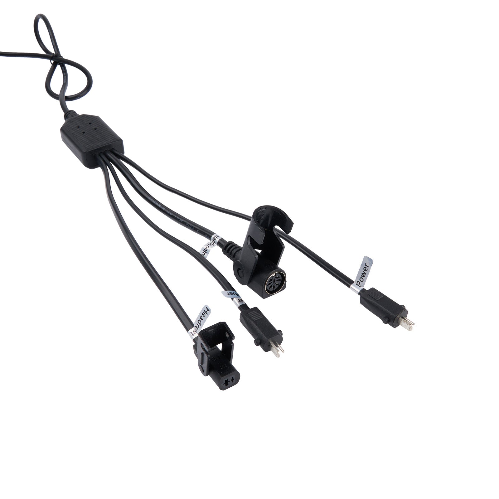 Black multi-connector cable on a white background