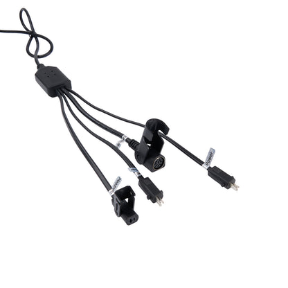 Black multi-connector cable on a white background