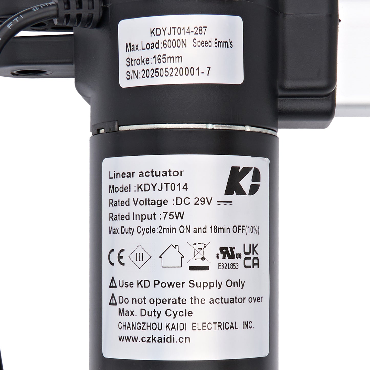 Linear actuator with technical specifications label on a white background