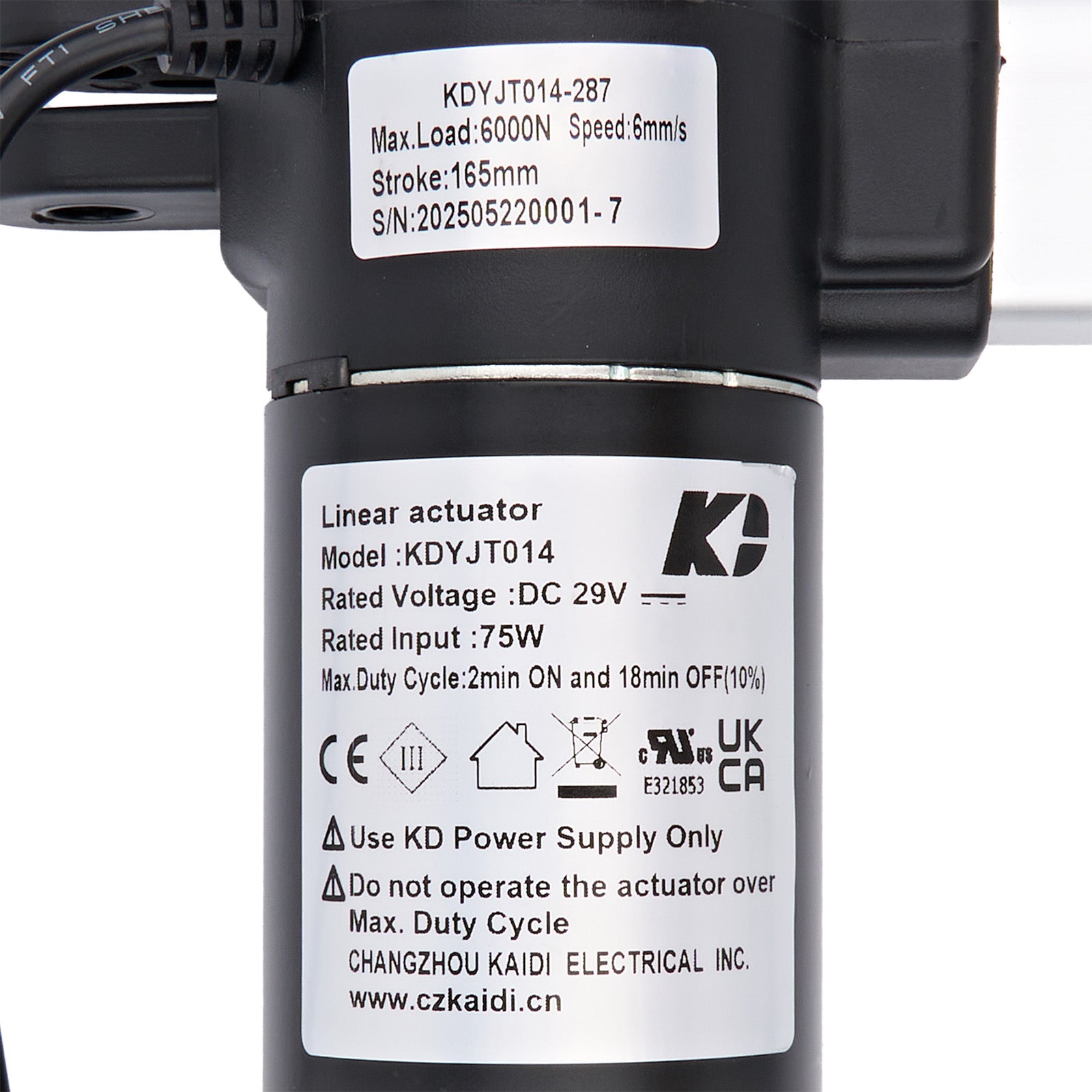 Linear actuator with technical specifications label on a white background