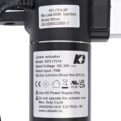 Linear actuator with technical specifications label on a white background