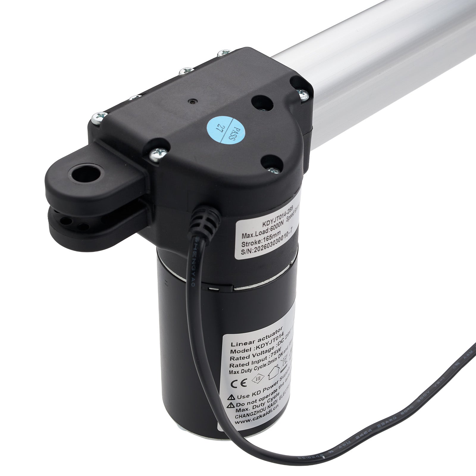 Black linear actuator with cable on a white background