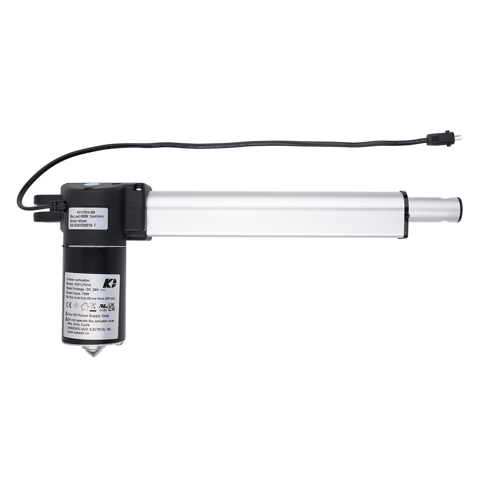 Linear actuator with black housing and white cylindrical component on a white background