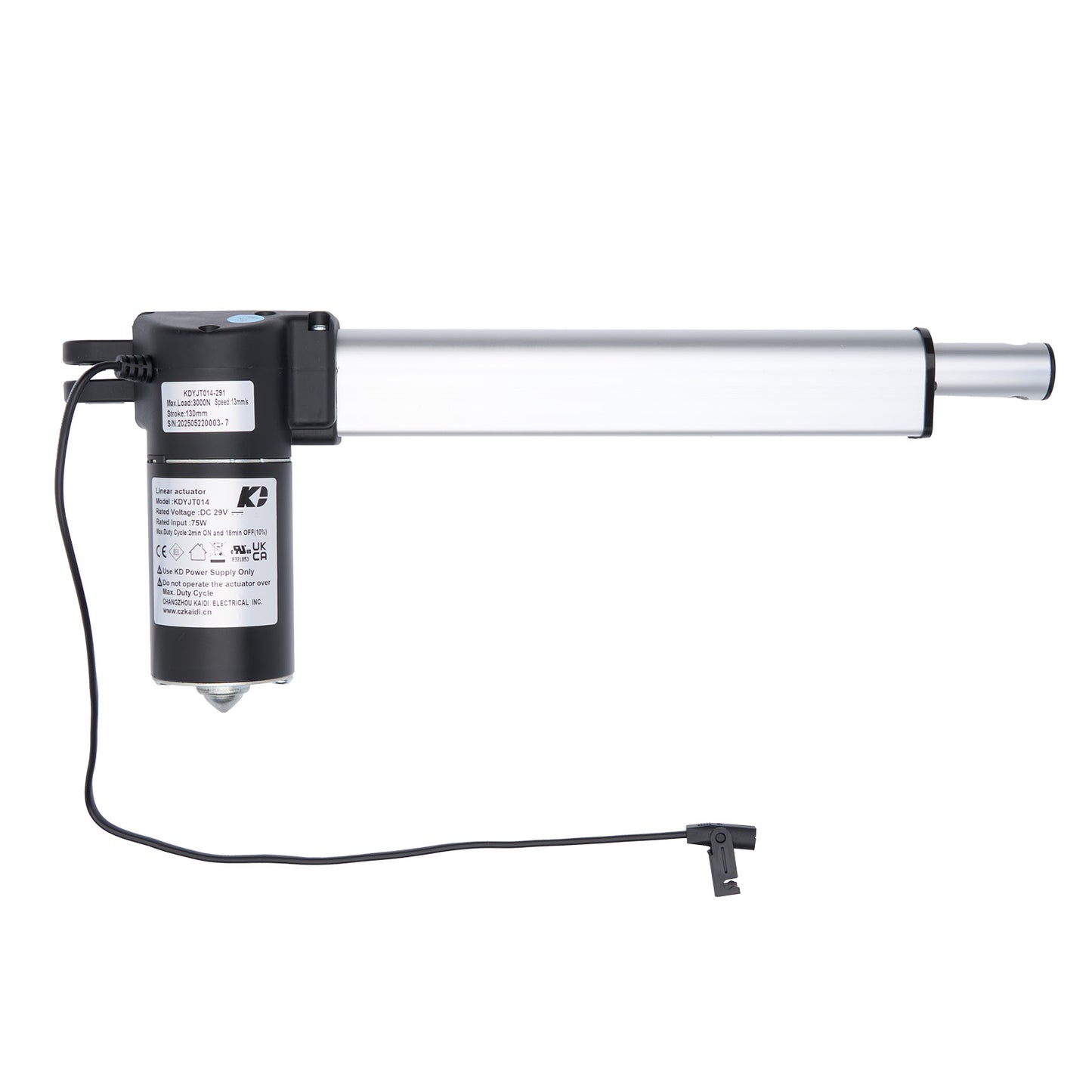 Linear actuator with black housing and white shaft on a white background