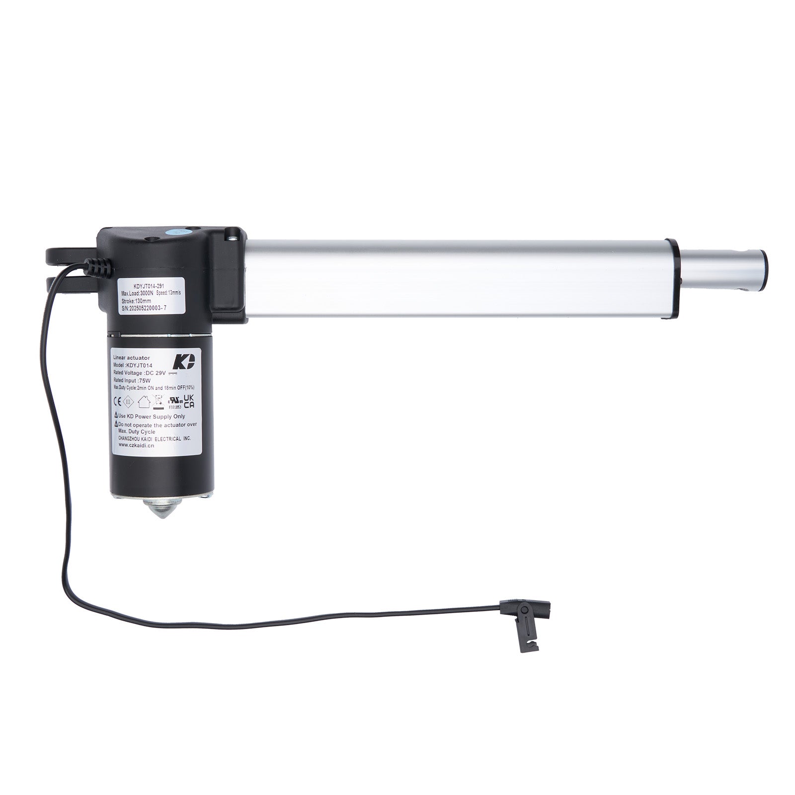 Linear actuator with black housing and white shaft on a white background