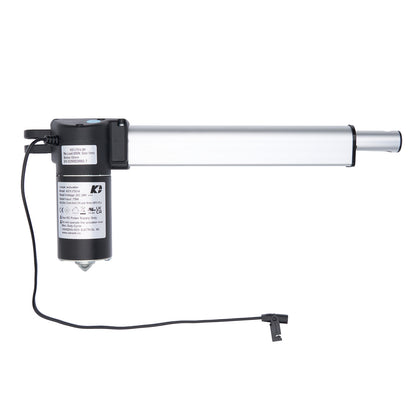 Linear actuator with black housing and white shaft on a white background