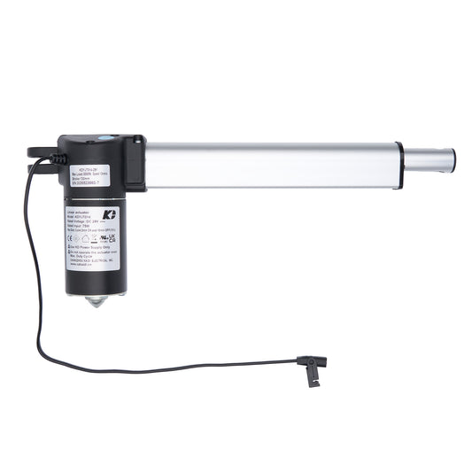 Linear actuator with black housing and white shaft on a white background