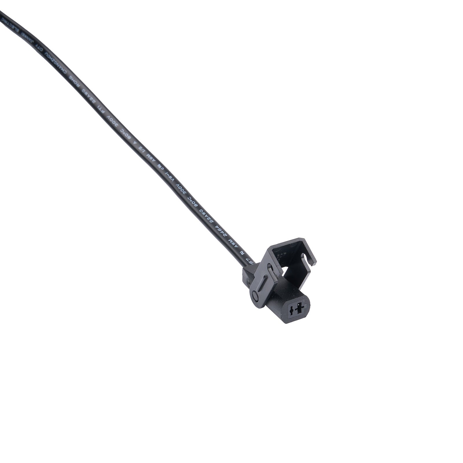 Black cable with a connector on a white background