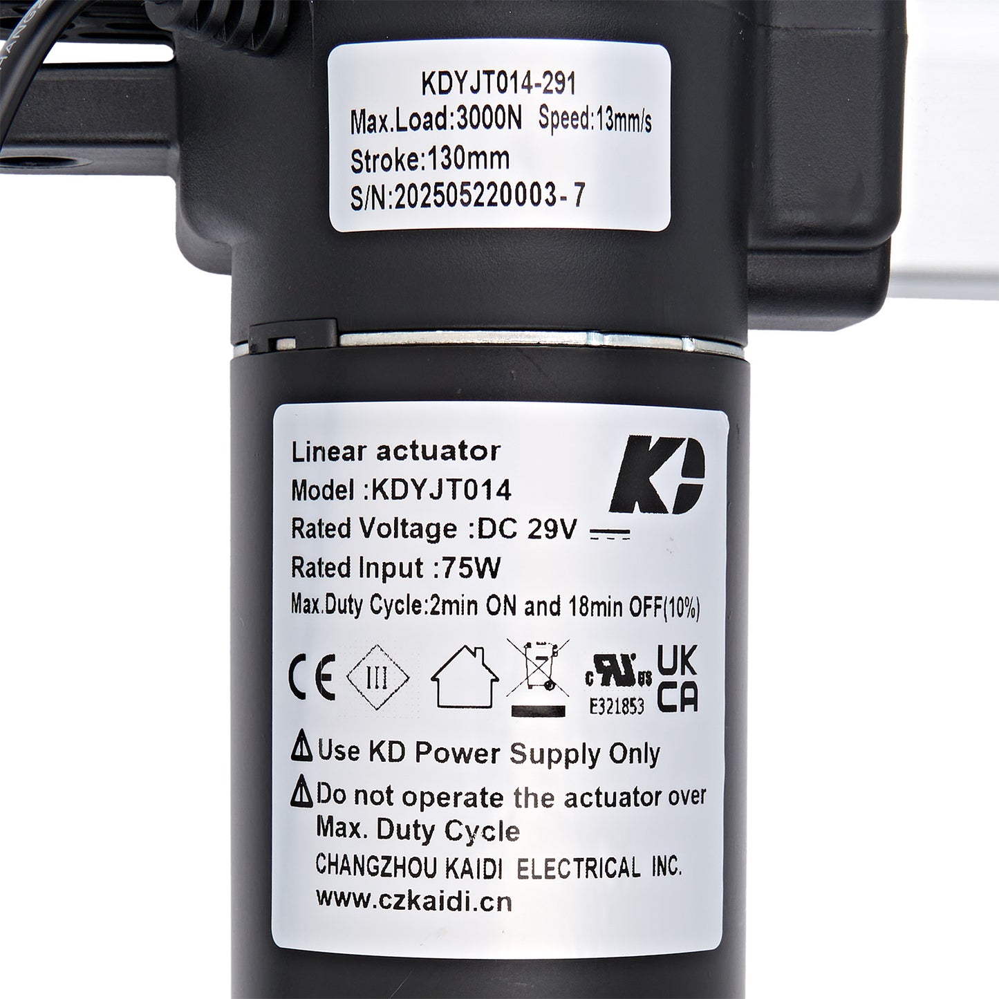 Linear actuator with specifications label on a white background