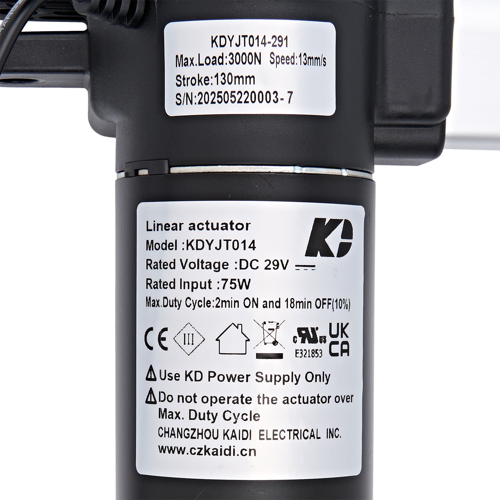 Linear actuator with specifications label on a white background