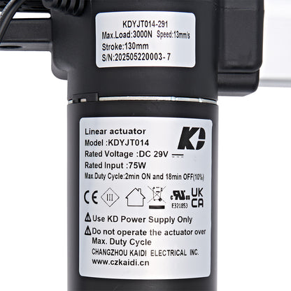 Linear actuator with specifications label on a white background