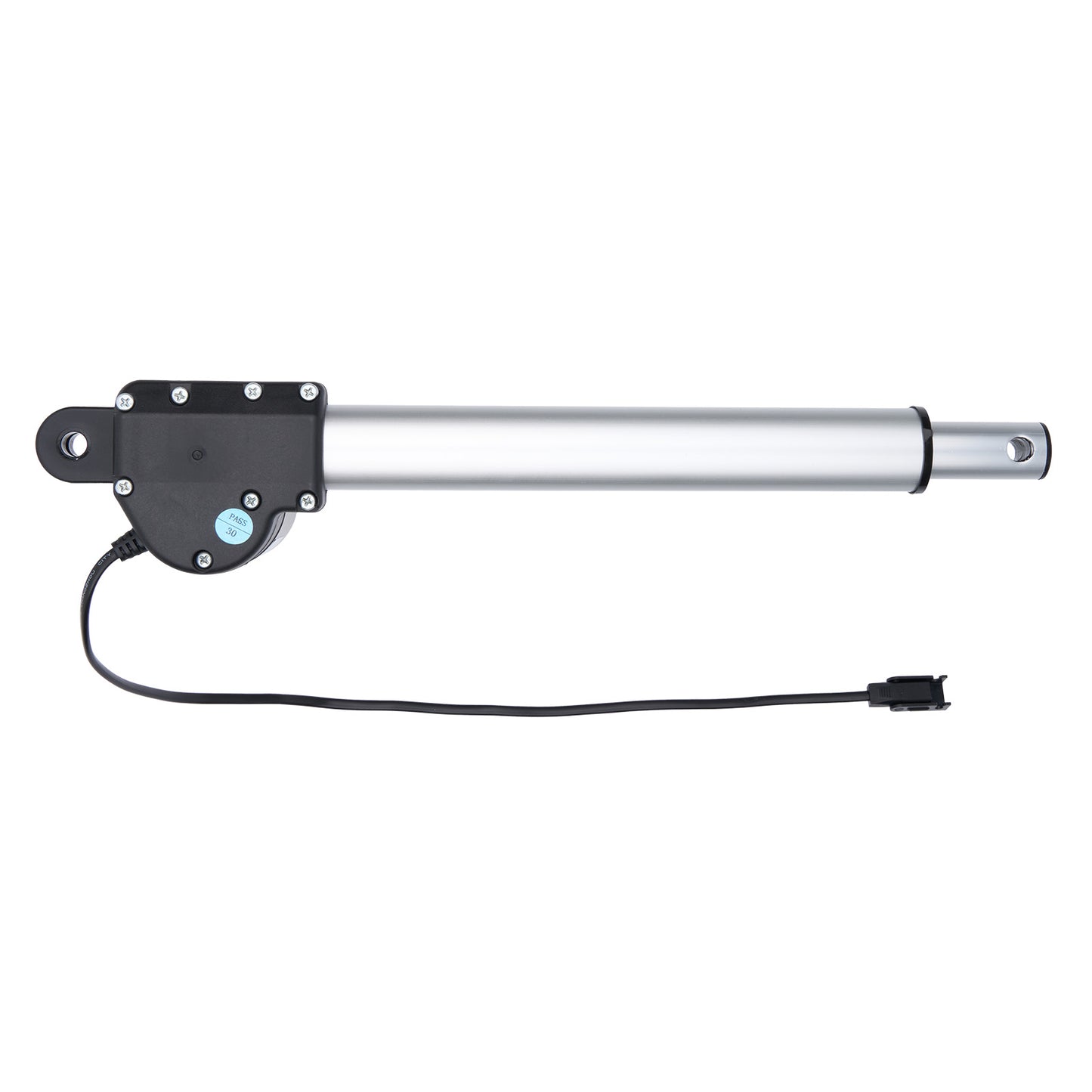 Linear actuator with black housing and cable on a white background