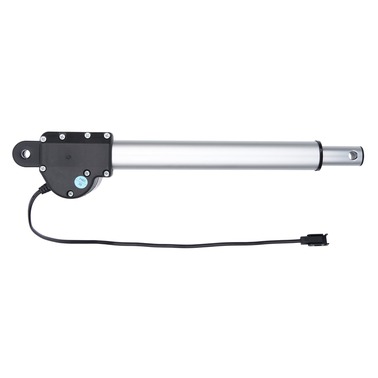 Linear actuator with black housing and cable on a white background