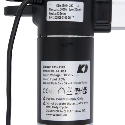 Black linear actuator with technical specifications label on a white background