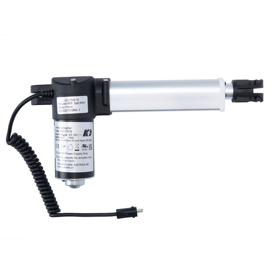 A silver linear actuator with a black motor housing and electrical cable.