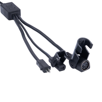 Black cable with multiple connectors on a white background