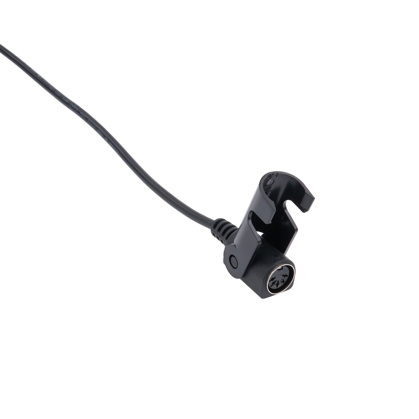 Black earbud with a cable on a white background