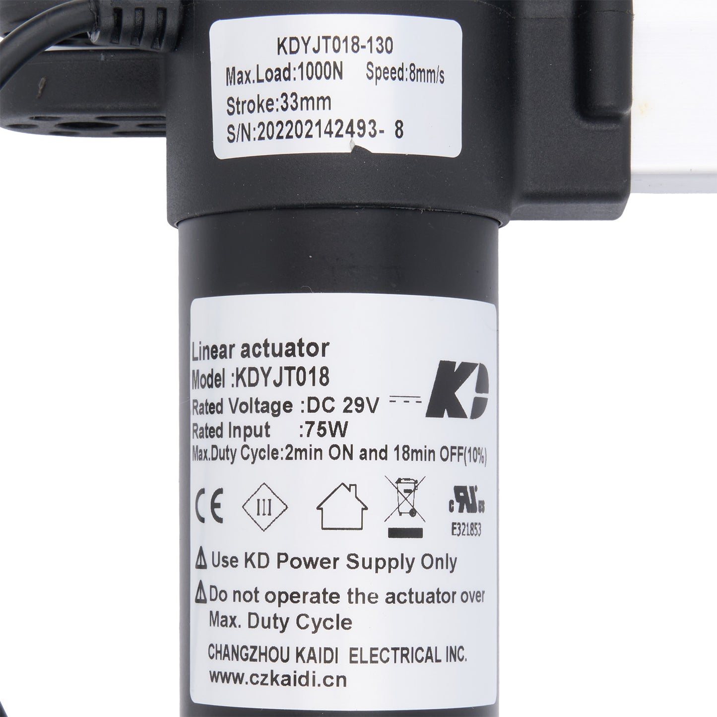 Linear actuator with specifications label on a white background