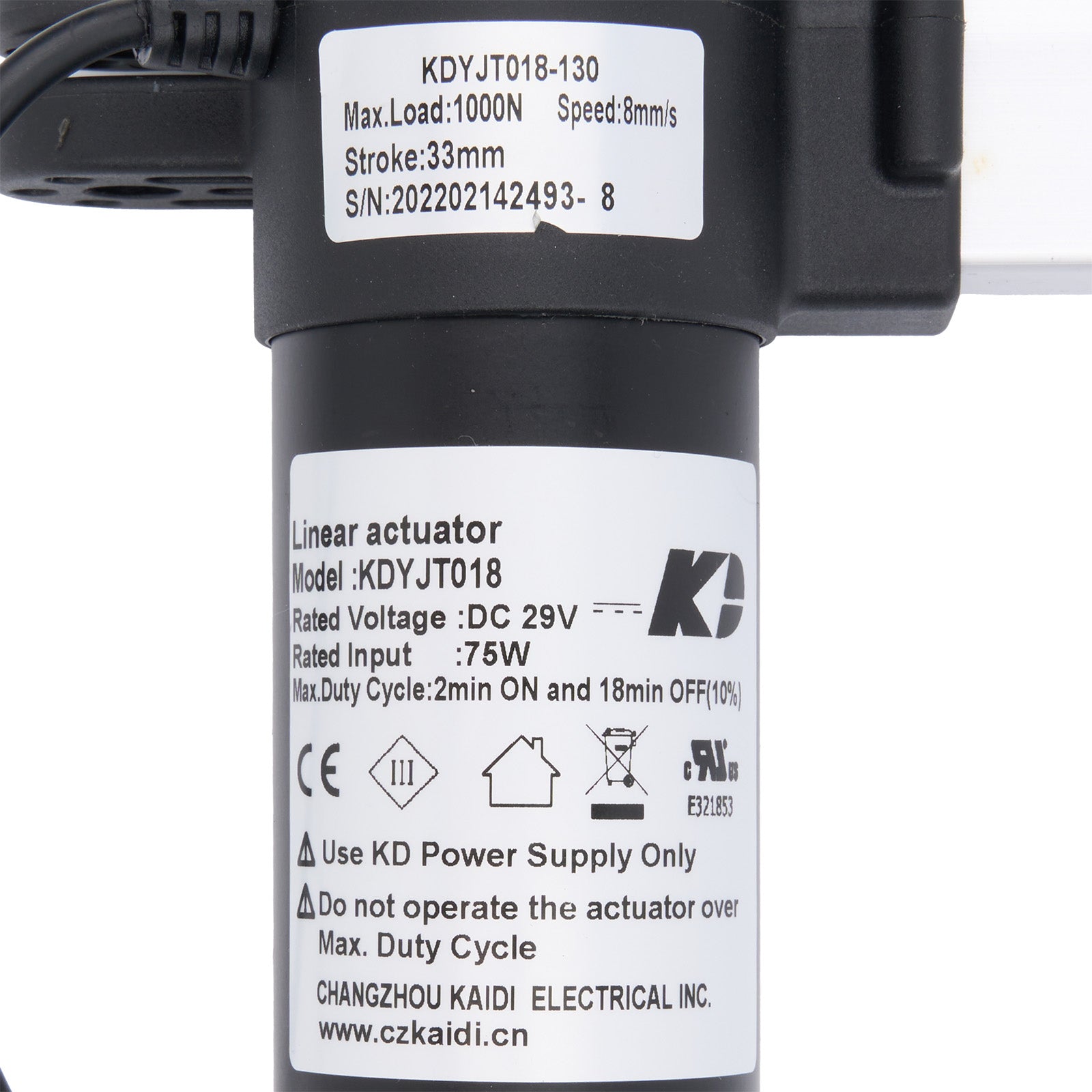 Linear actuator with specifications label on a white background
