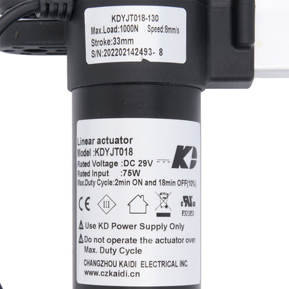 Linear actuator with specifications label on a white background