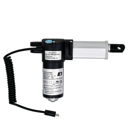 A black linear actuator for a recliner or lift chair, with a coiled cable and a single 2 pin male plug.