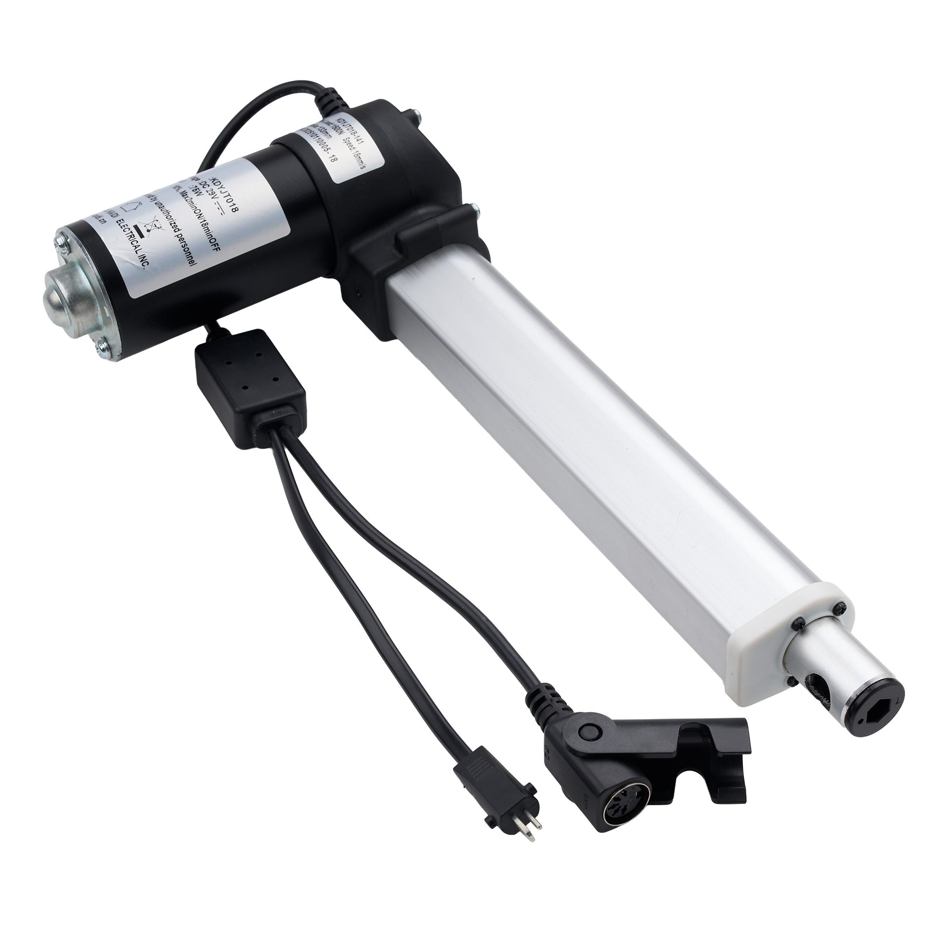 A linear electric motorized window or door slider with a silver aluminum rod, black motor housing, and black wiring harnesses on a white background.