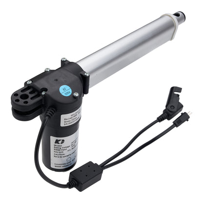 A K2 brand electric window blind motor with a silver cylindrical actuator rod, black motor housing, and attached power cables with a black switch, shown on a white background.