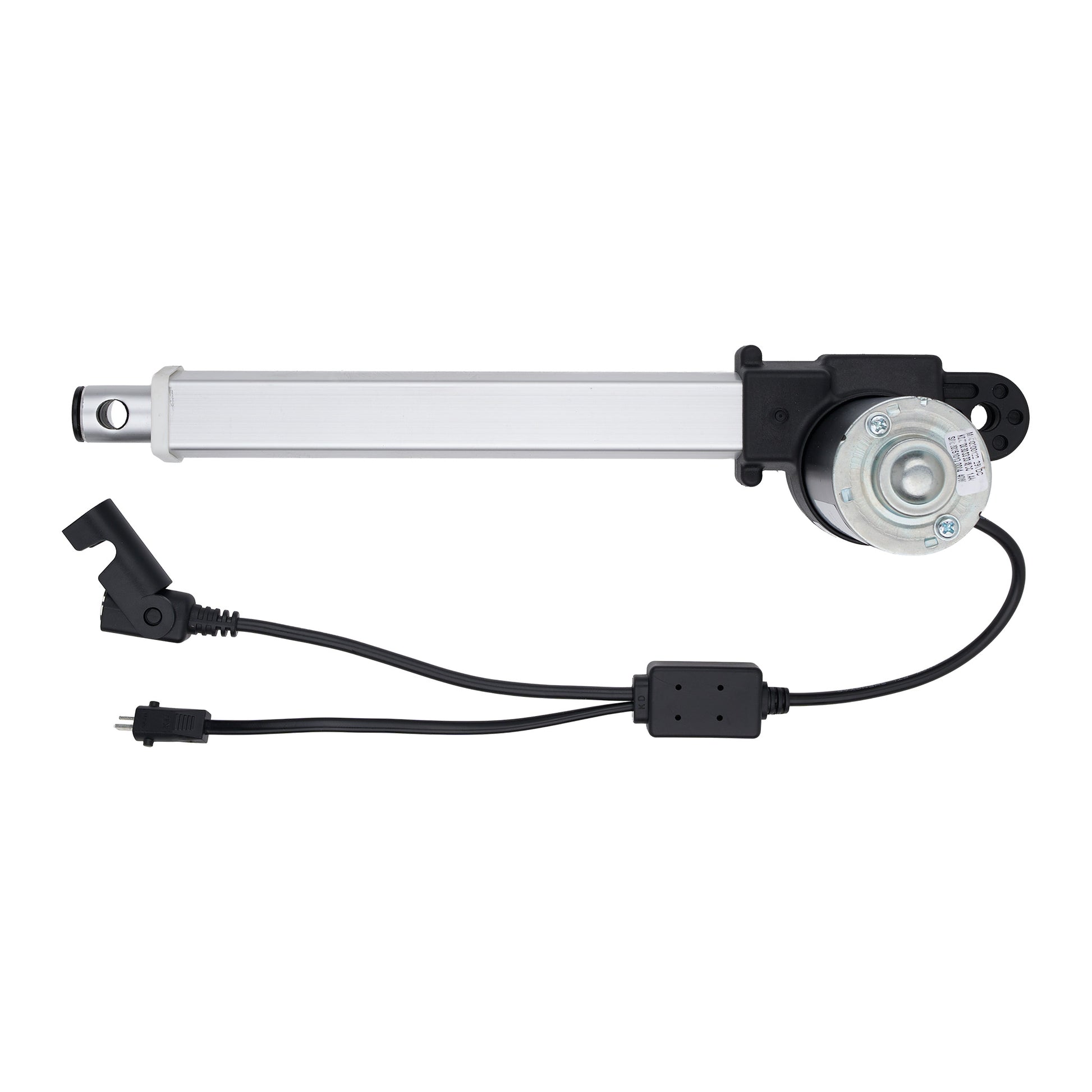 A linear electric motor module with a silver aluminum rod, black end caps, and attached black power cables with connectors, shown on a plain white background.