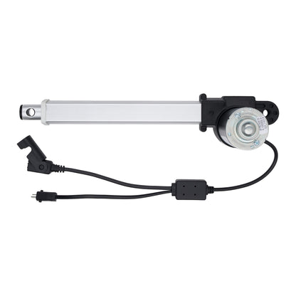 A linear electric motor module with a silver aluminum rod, black end caps, and attached black power cables with connectors, shown on a plain white background.