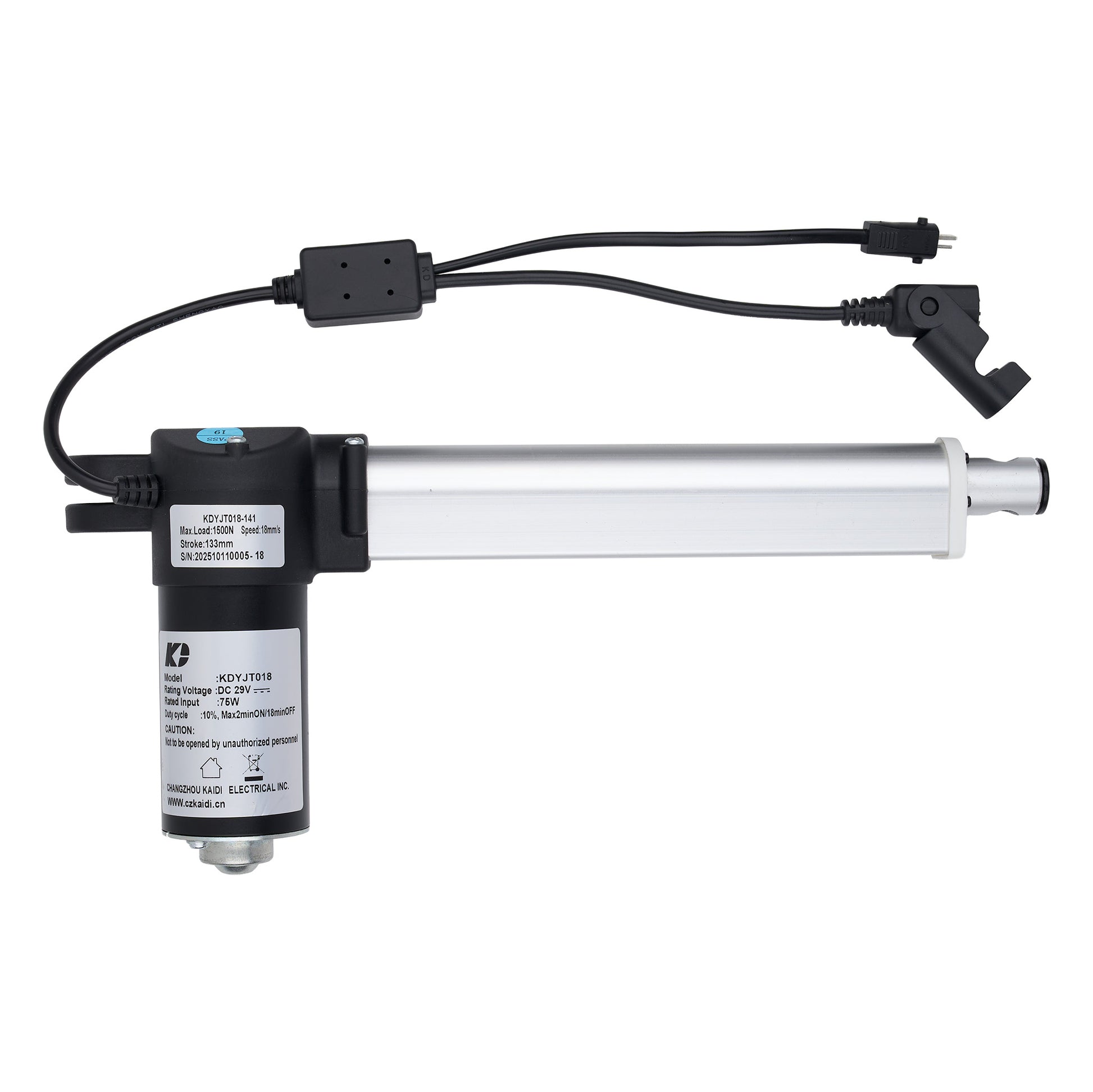 A linear electric actuator with a long silver metal rod, a black motor housing, and attached black power cables, shown on a plain white background.