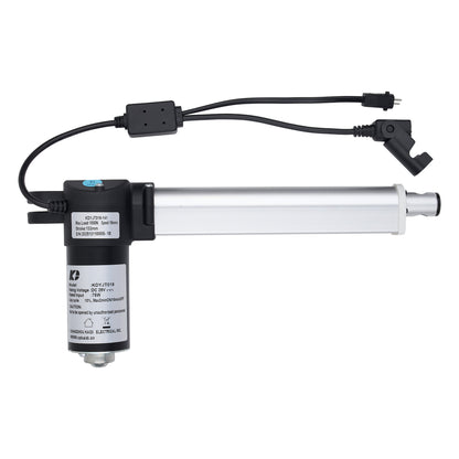 A linear electric actuator with a long silver metal rod, a black motor housing, and attached black power cables, shown on a plain white background.