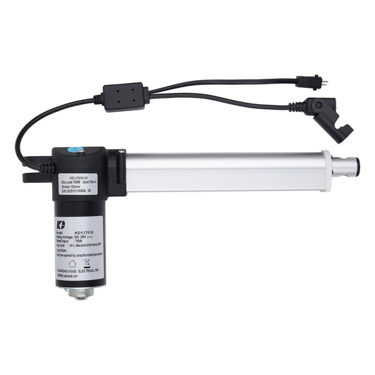 A linear electric actuator with a long silver metal rod, a black motor housing, and attached black power cables, shown on a plain white background.