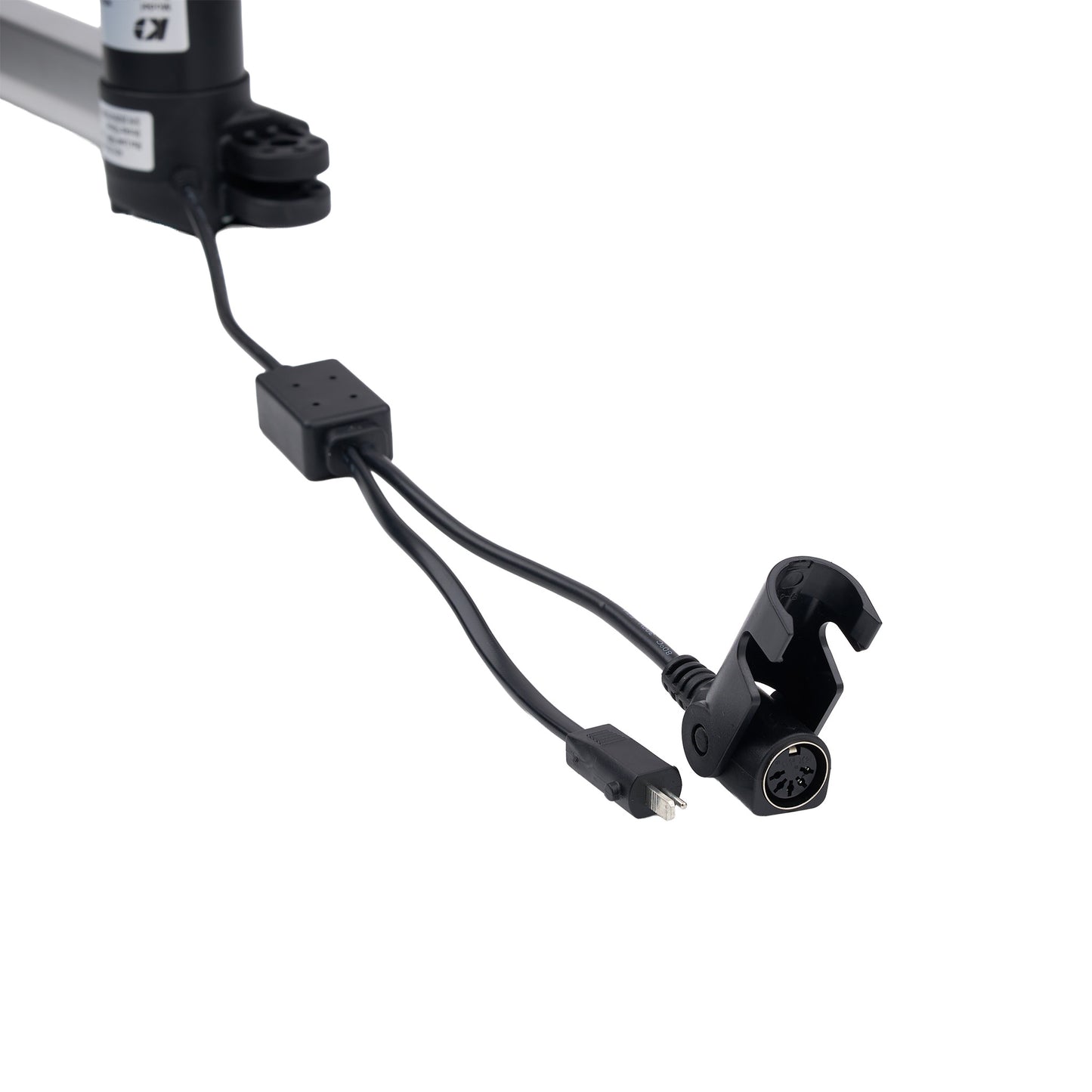 A close-up of a black dual-wire electronic accessory with a USB-C connector and a circular multi-pin plug, attached to a black clamp on a white background.