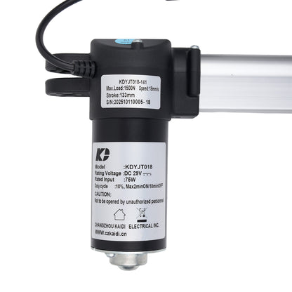 A stroke motor pump with a black plastic body, a silver metal cylinder, and a black cable, featuring white labels with technical specifications and a Kandi brand logo.
