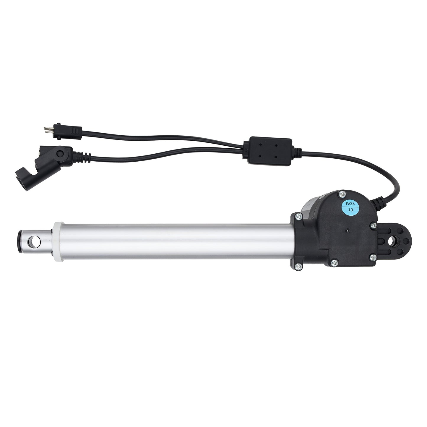 A linear electric motor slide rail with a silver aluminum rod and black motor housing, complete with attached black power cables and connectors, shown against a plain white background.