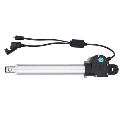 A linear electric motor slide rail with a silver aluminum rod and black motor housing, complete with attached black power cables and connectors, shown against a plain white background.