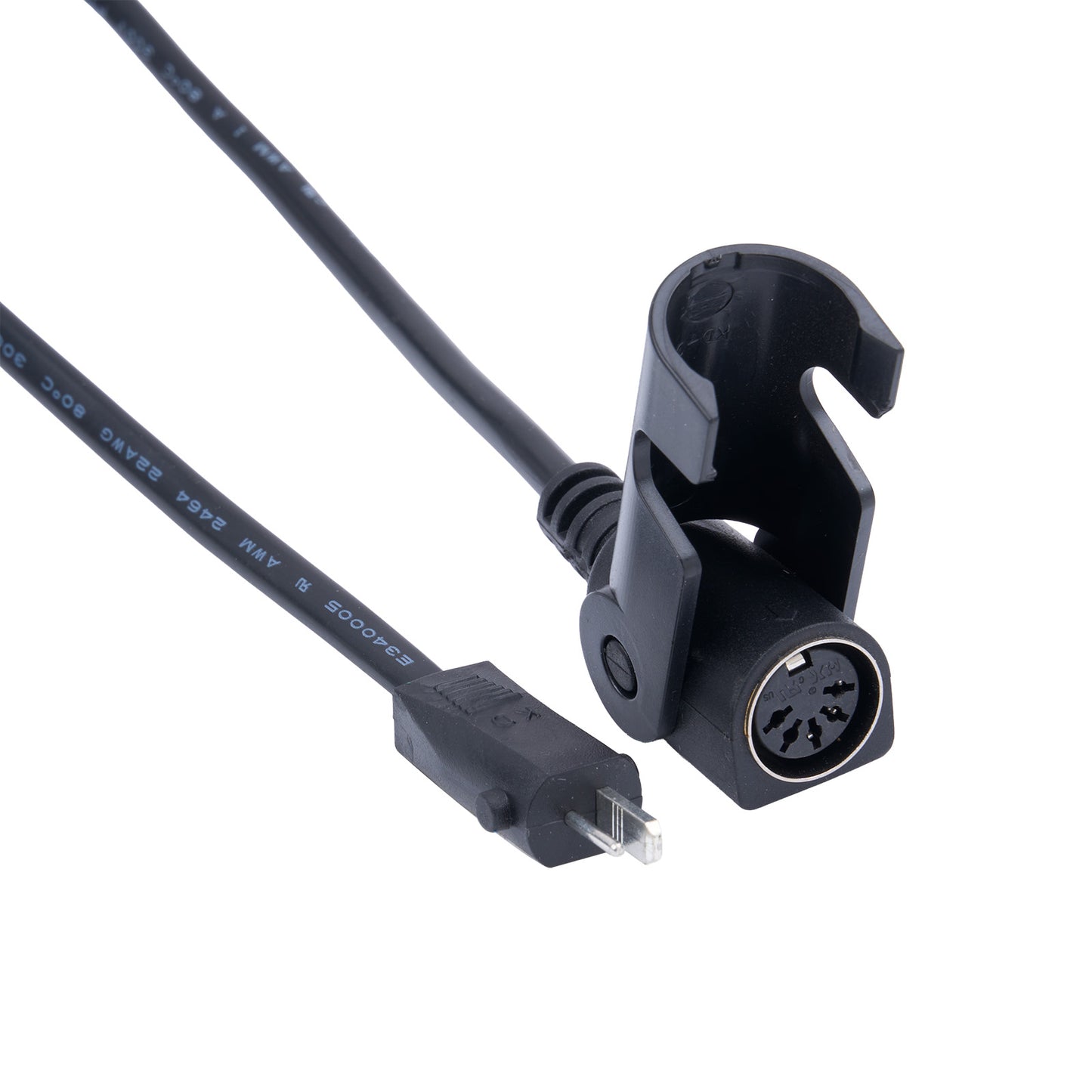 Black audio cable with XLR plug on a white background