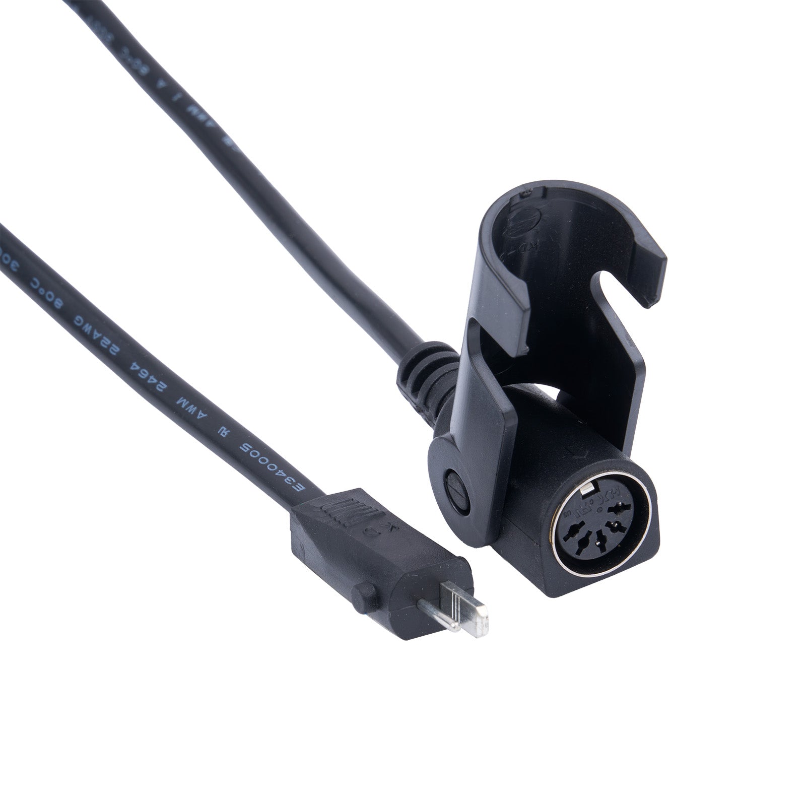 Black audio cable with XLR plug on a white background