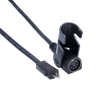 Black audio cable with XLR plug on a white background