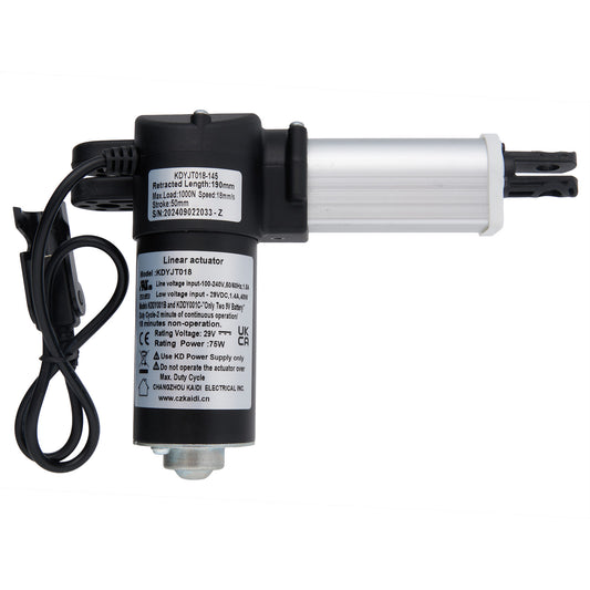 A black KAIDI linear actuator with a 5-pin female plug and a cable, designed for use with recliner or lift chairs.