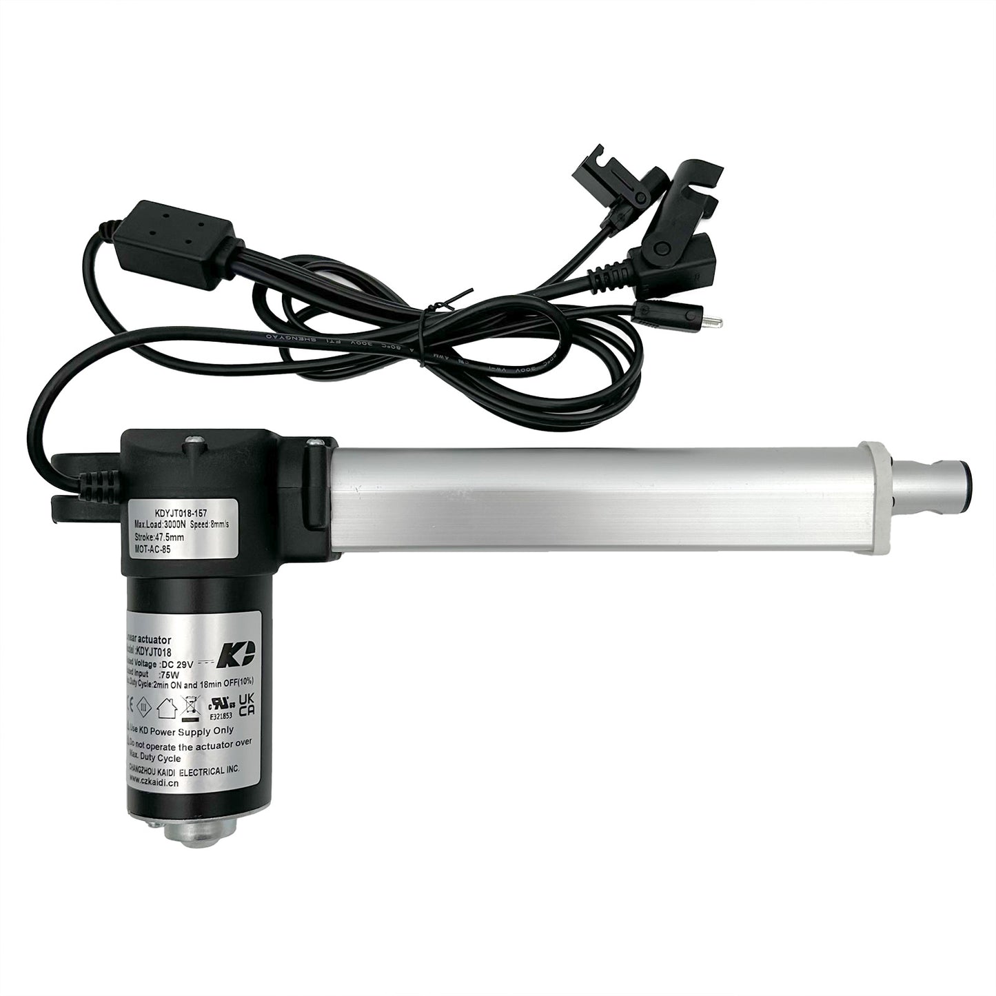 A KAIDI linear actuator with silver/gray body, attached to three cables and plugs, designed for use in recliner or lift chairs.