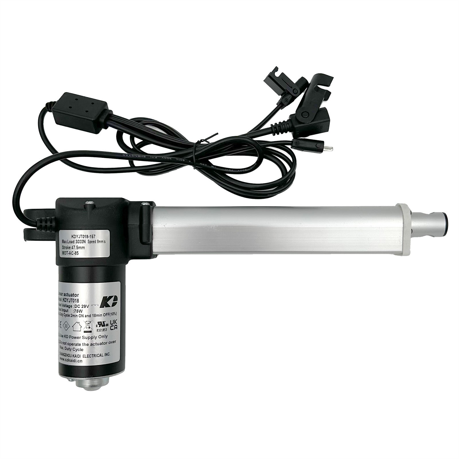 A KAIDI linear actuator with silver/gray body, attached to three cables and plugs, designed for use in recliner or lift chairs.